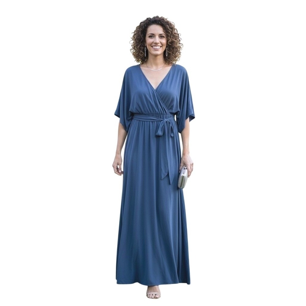 Women’s Slate Blue Wrap Maxi Dress with Waist Tie